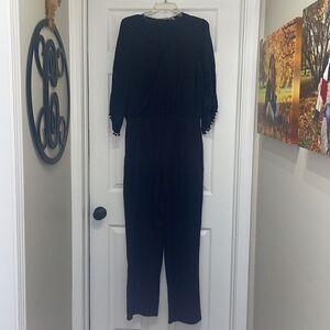 Soft Surroundings Black Patterned Jumpsuit with Cut out Sleeves & Pom Pom Trim